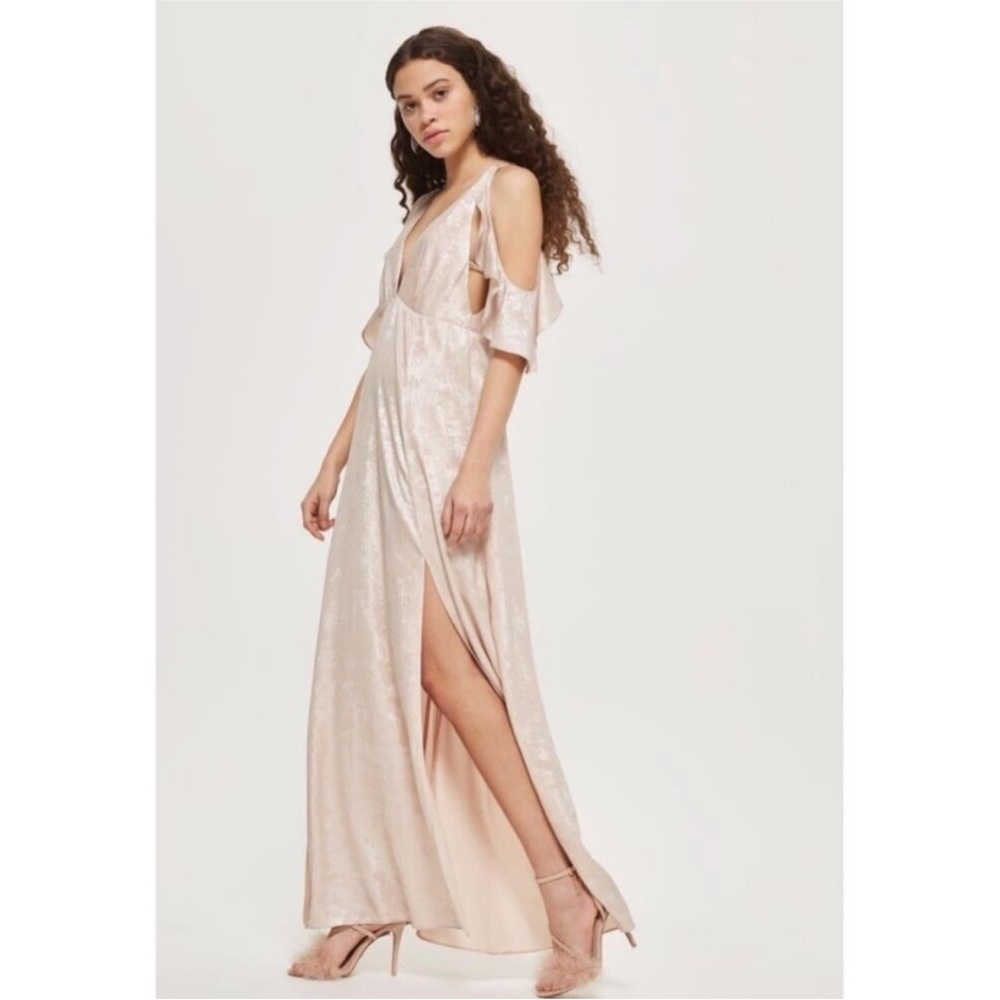 Topshop Blush Pink Foil Cold Shoulder Plunging Maxi Dress NWT Size 8